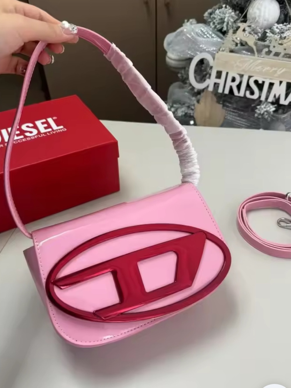 Designer inspired Pink Shoulder Bag with Red Logo Accent